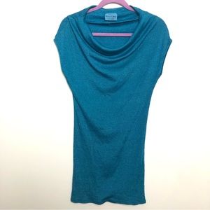 Michael Stars Cowl Neck Tunic Length Cap Sleeve Top Blue One Size